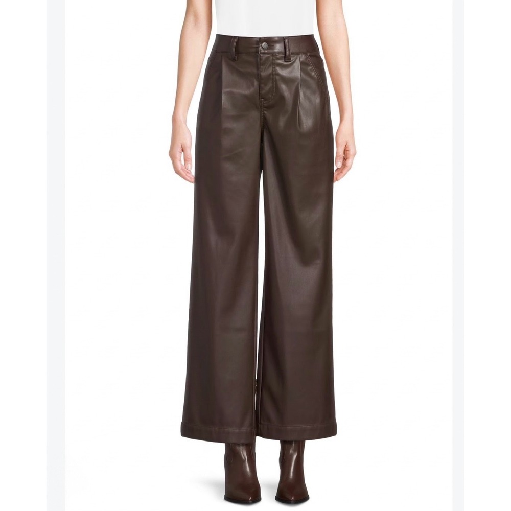 Time and Tru Womens Brown Faux Leather High Rise Wide Leg Pants Size 8